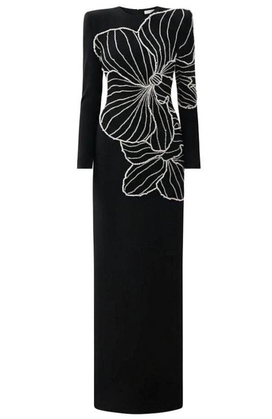 Long Sleeve Crystal Floral Embellished Maxi Dress Black
