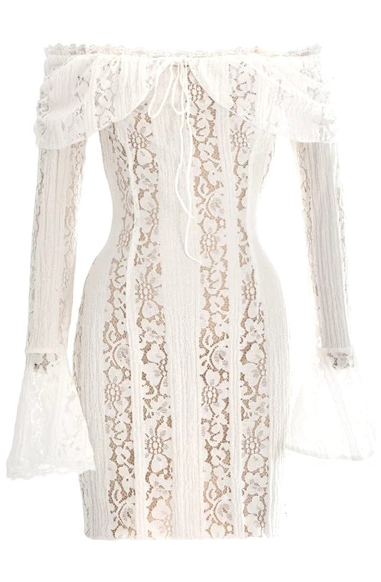 Long Sleeve Bardot Lace Insert Dress White