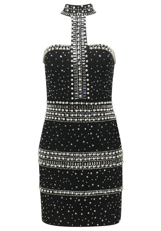 Halter Pearl Crystal Dress Black