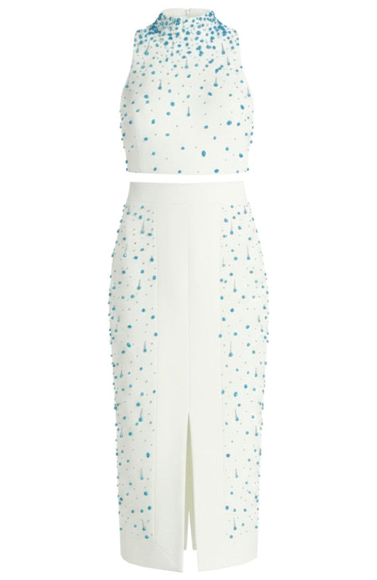 Embellished Midi Two Piece Dress White Turquoise