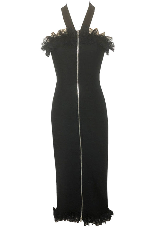 Halter Mesh Ruffle Midi Dress Black