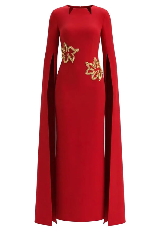 Cape Sleeve Star Detail Maxi Dress Red