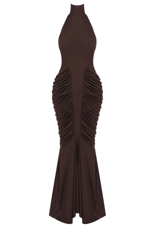 Halter Draped Backless Maxi Dress Brown