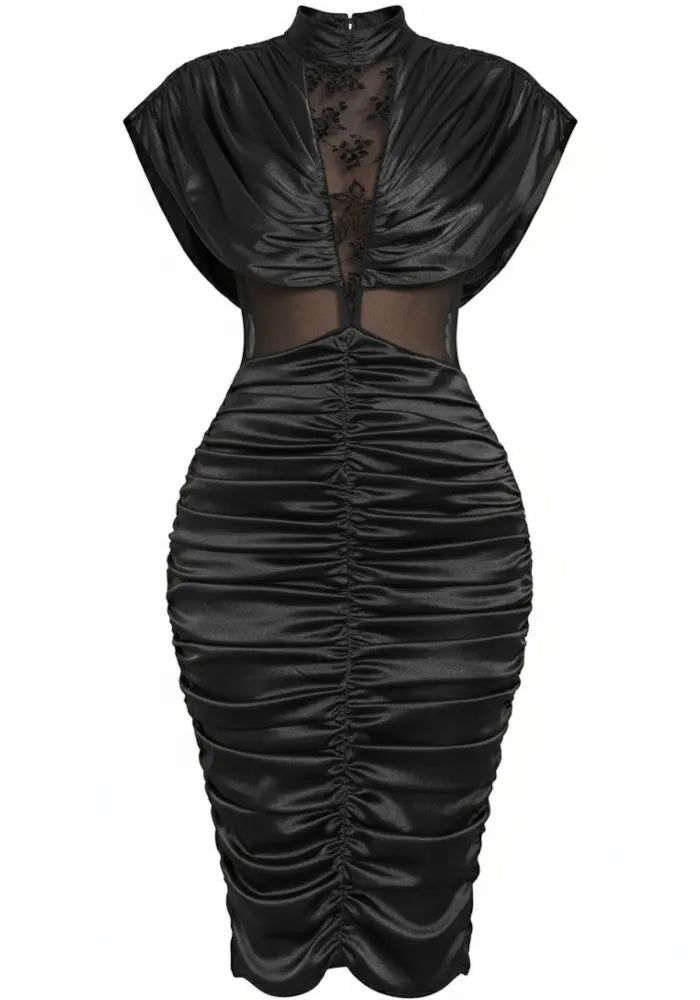 Draped Lace Insert Midi Dress Black