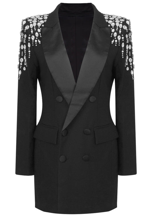 Embellished Shoulder Blazer Dress Black