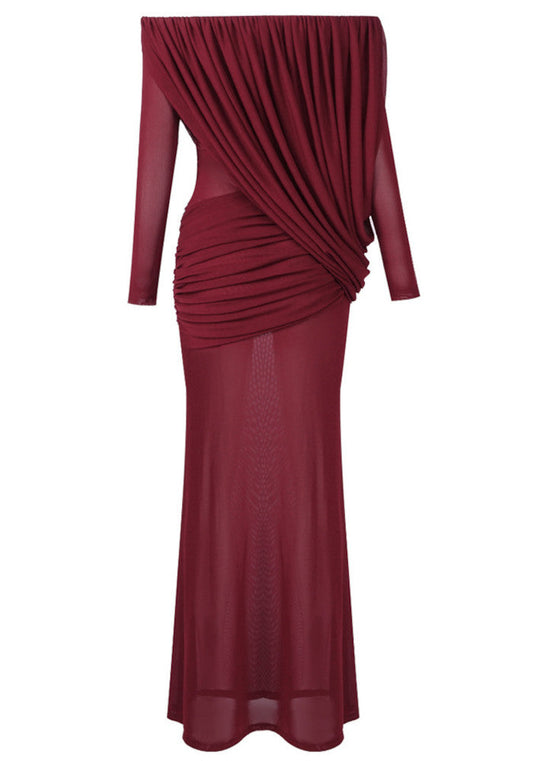 Long Sleeve Draped Bardot Maxi Dress Burgundy