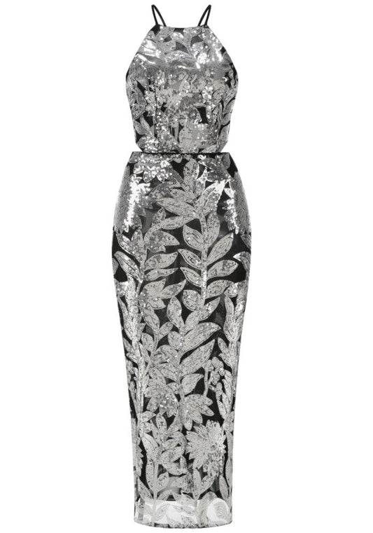 Halter Sequin Floral Maxi Dress Black Silver
