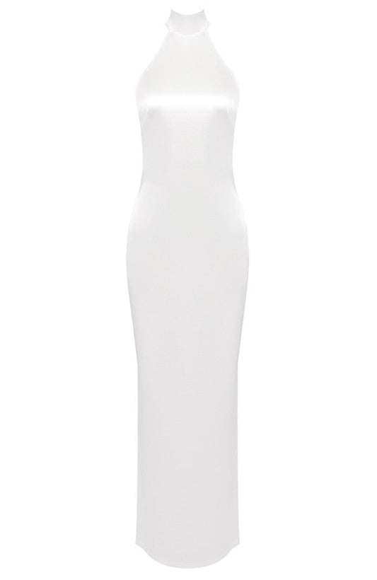 Halter Pearl Backless Maxi Dress White