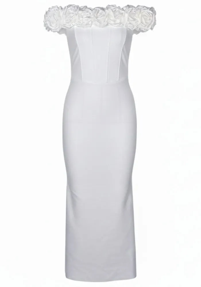 Floral Bardot Midi Dress White