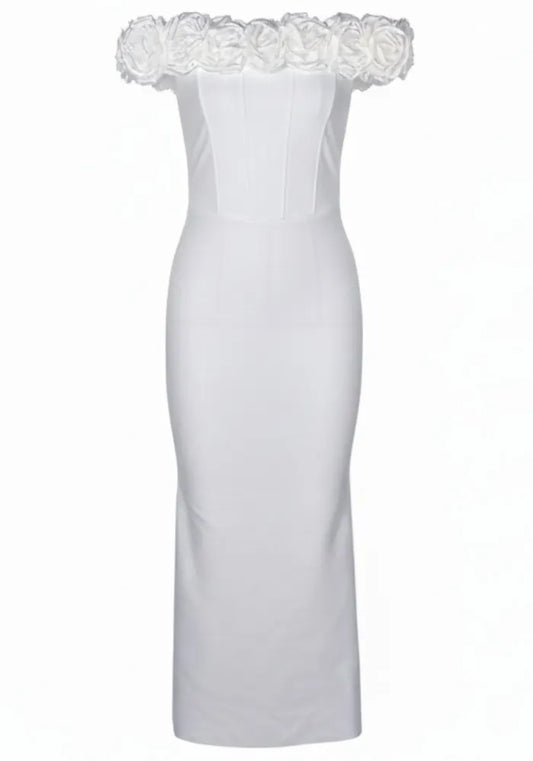 Floral Bardot Midi Dress White