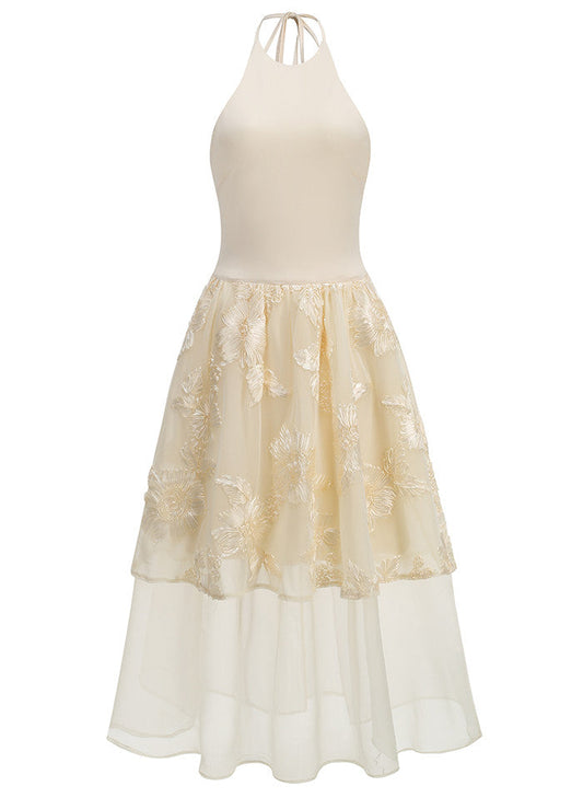 Halter Floral A Line Midi Dress Ivory