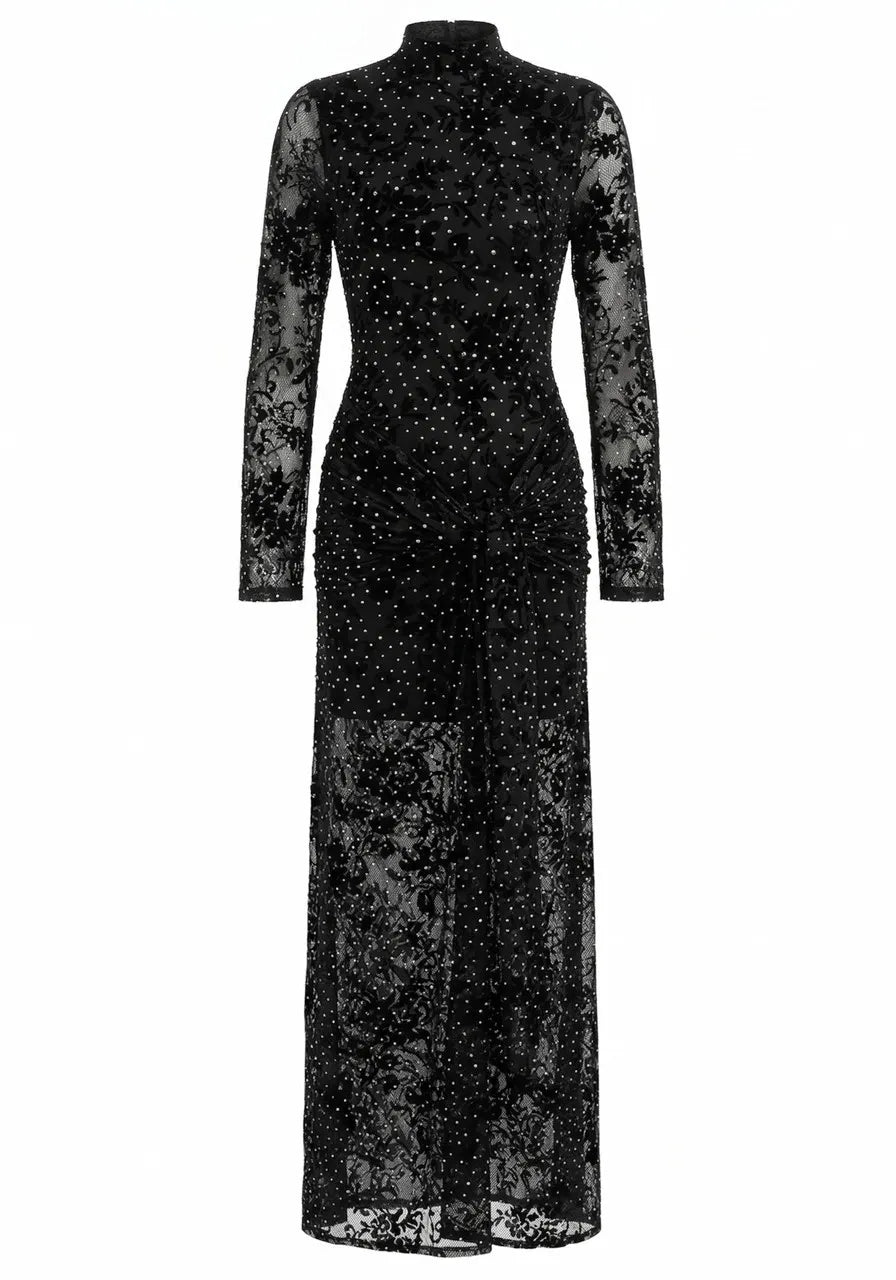 Long Sleeve Embellished Lace Maxi Dress Black