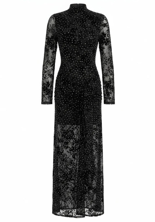 Long Sleeve Embellished Lace Maxi Dress Black