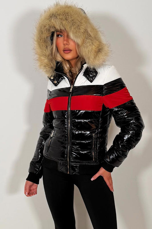 Black Shiny Puffer Faux Fur Hood Jacket With Red White Panel