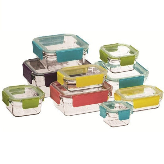 Glasslock Premium Glass Food Containers With Coloured Snap Lids - Set of 9 | Oven, Freezer, Air Fryer Safe