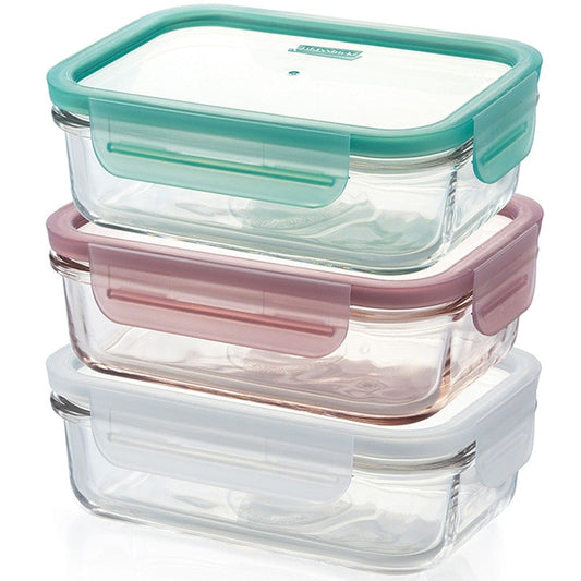 Glasslock Glass Food Container 710ml Rectangle Triple Colour Lid - Set of 3 | Freezer Safe