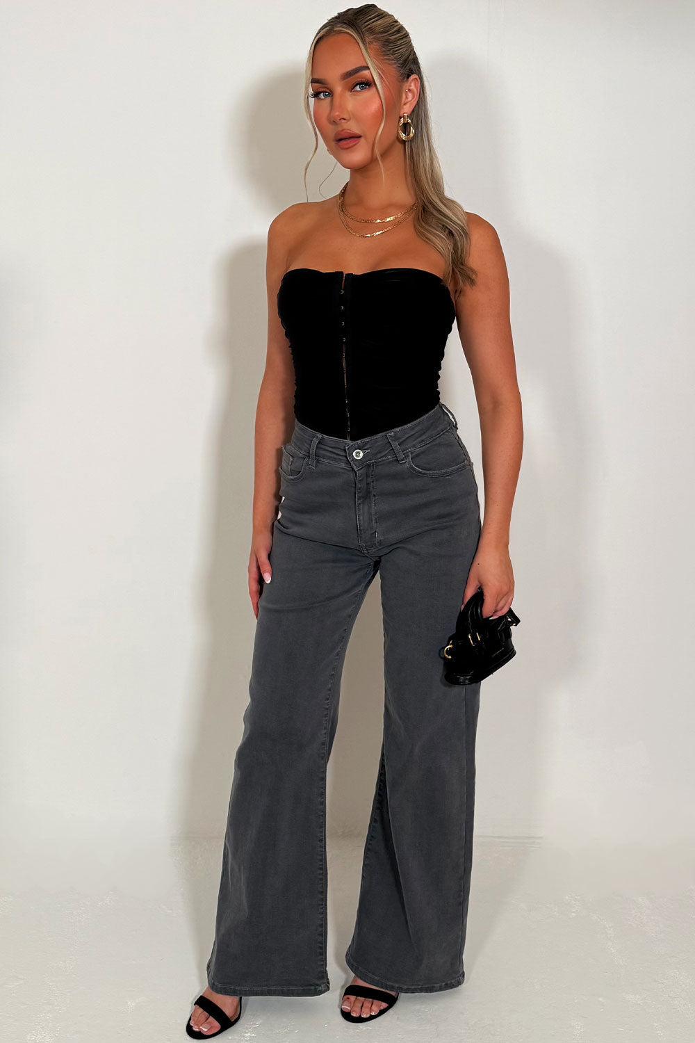 Denim Stretchy Wide Leg Jeans Grey