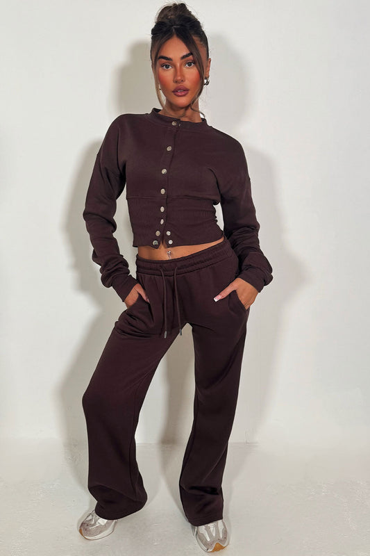 Button Up Corset Sweatshirt And Jogger Tracksuit Co Ord Brown