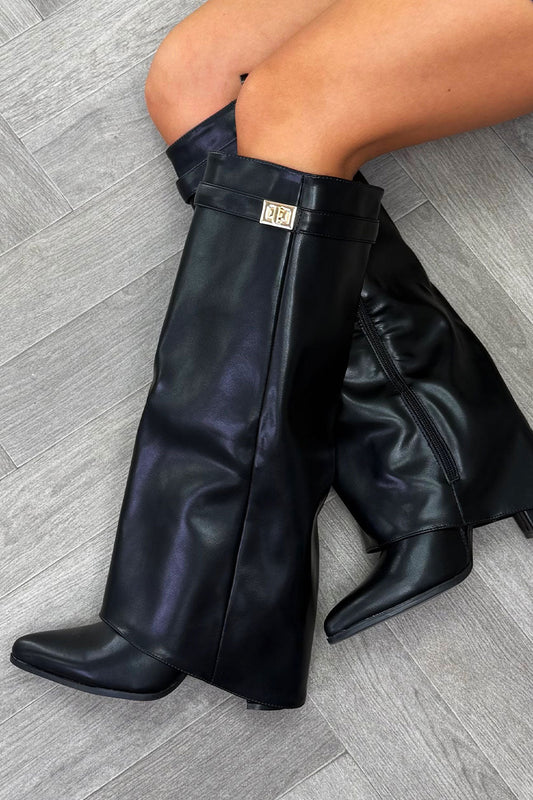 Black Knee High Fold Over Cowboy Boots Faux Leather