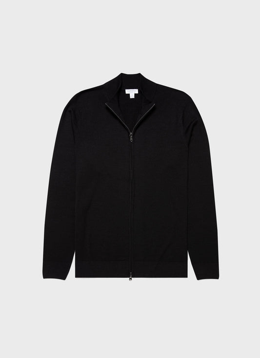 Mens Fine Merino Wool Zip Cardigan In Black
