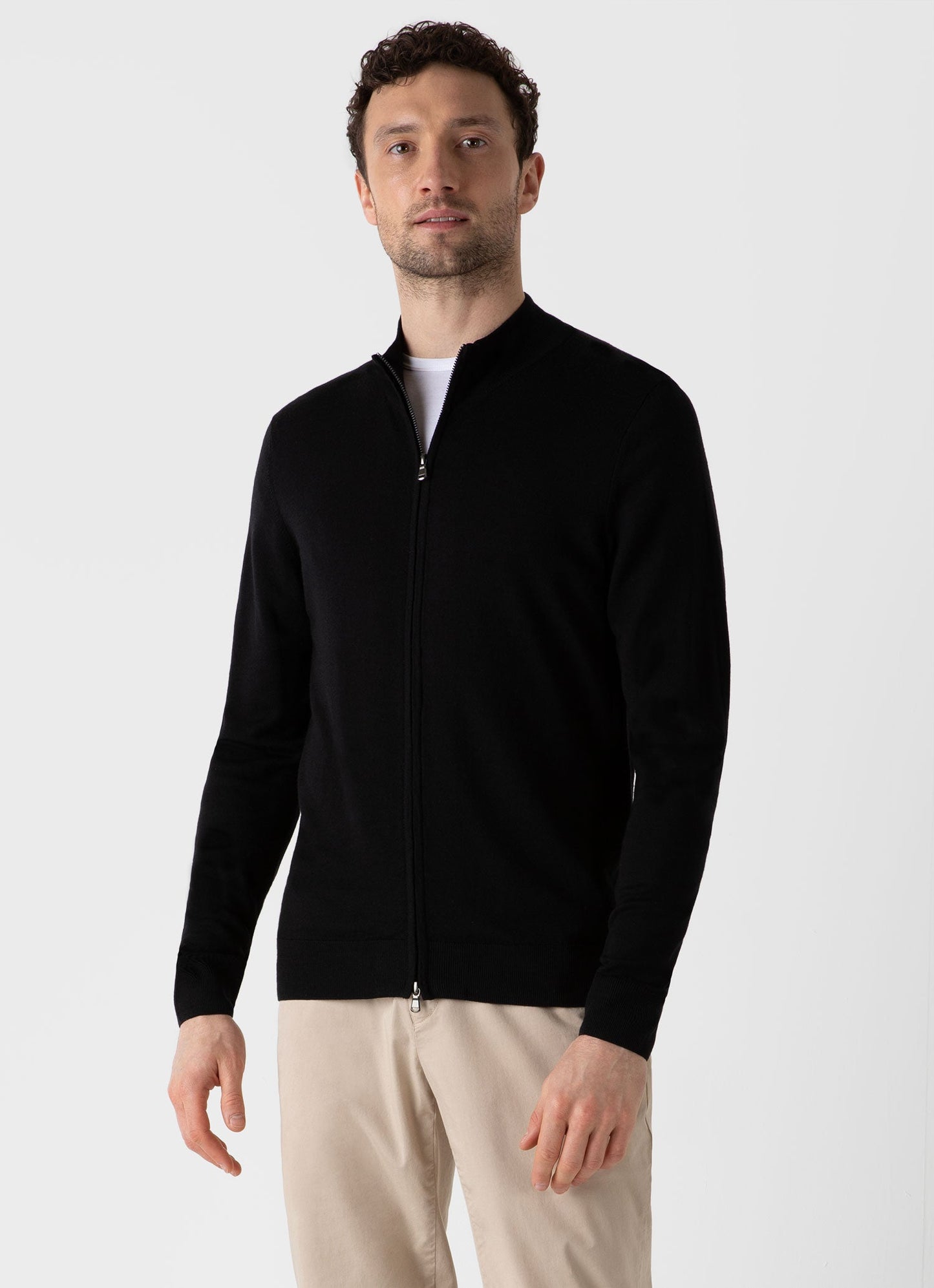 Mens Fine Merino Wool Zip Cardigan In Black