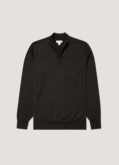 Mens Fine Merino Wool Zip Neck In Charcoal Melange