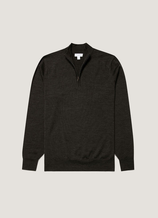 Mens Fine Merino Wool Zip Neck In Charcoal Melange