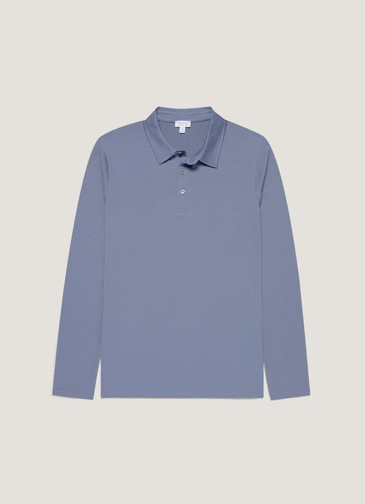 Mens Long Sleeve Classic Jersey Polo Shirt In Selvedge Blue Mpol1054 Buwf