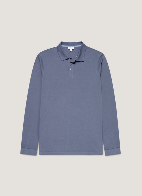 Mens Long Sleeve Pique Polo Shirt In Selvedge Blue Mpol1065 Buwf
