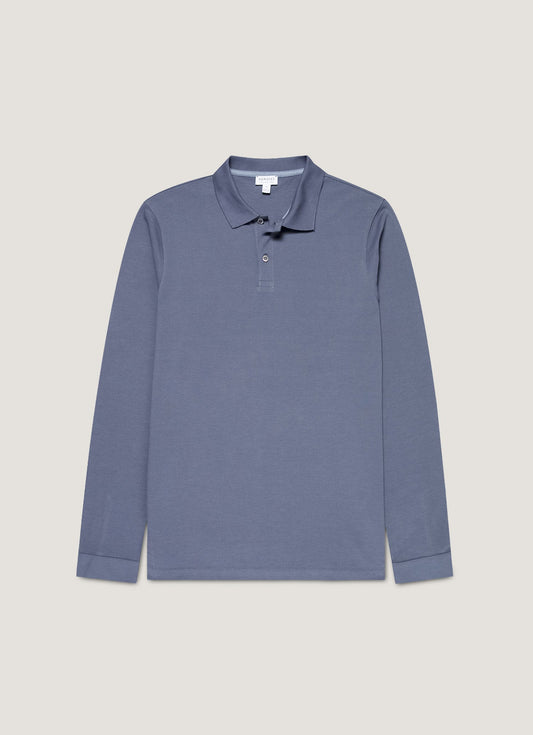 Mens Long Sleeve Pique Polo Shirt In Selvedge Blue Mpol1065 Buwf