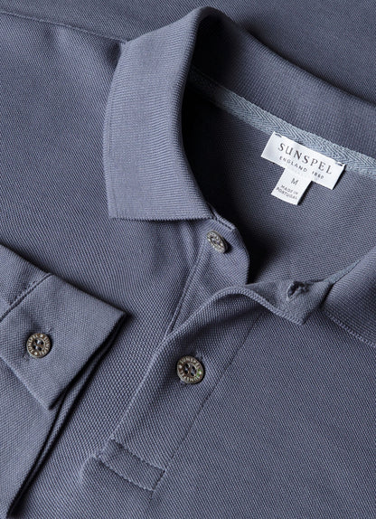 Mens Long Sleeve Pique Polo Shirt In Selvedge Blue Mpol1065 Buwf