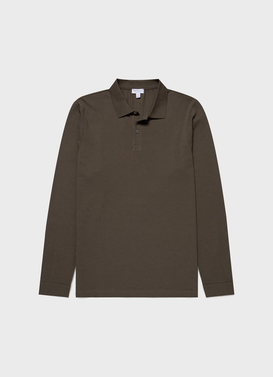 Mens Long Sleeve Pique Polo Shirt In Khaki Mpol1065 Gngy