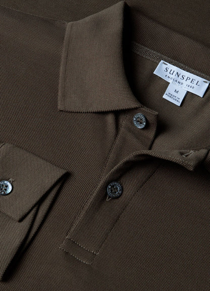 Mens Long Sleeve Pique Polo Shirt In Khaki Mpol1065 Gngy