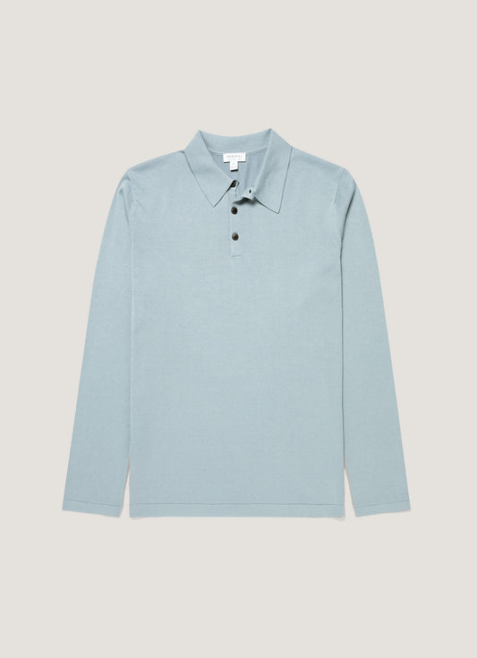 Mens Long Sleeve Sea Island Cotton Knit Polo Shirt In Stone Blue Mpol8047 Buwt