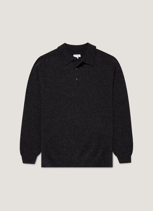 Men's Lambswool Knitted Polo Shirt in Charcoal Melange
