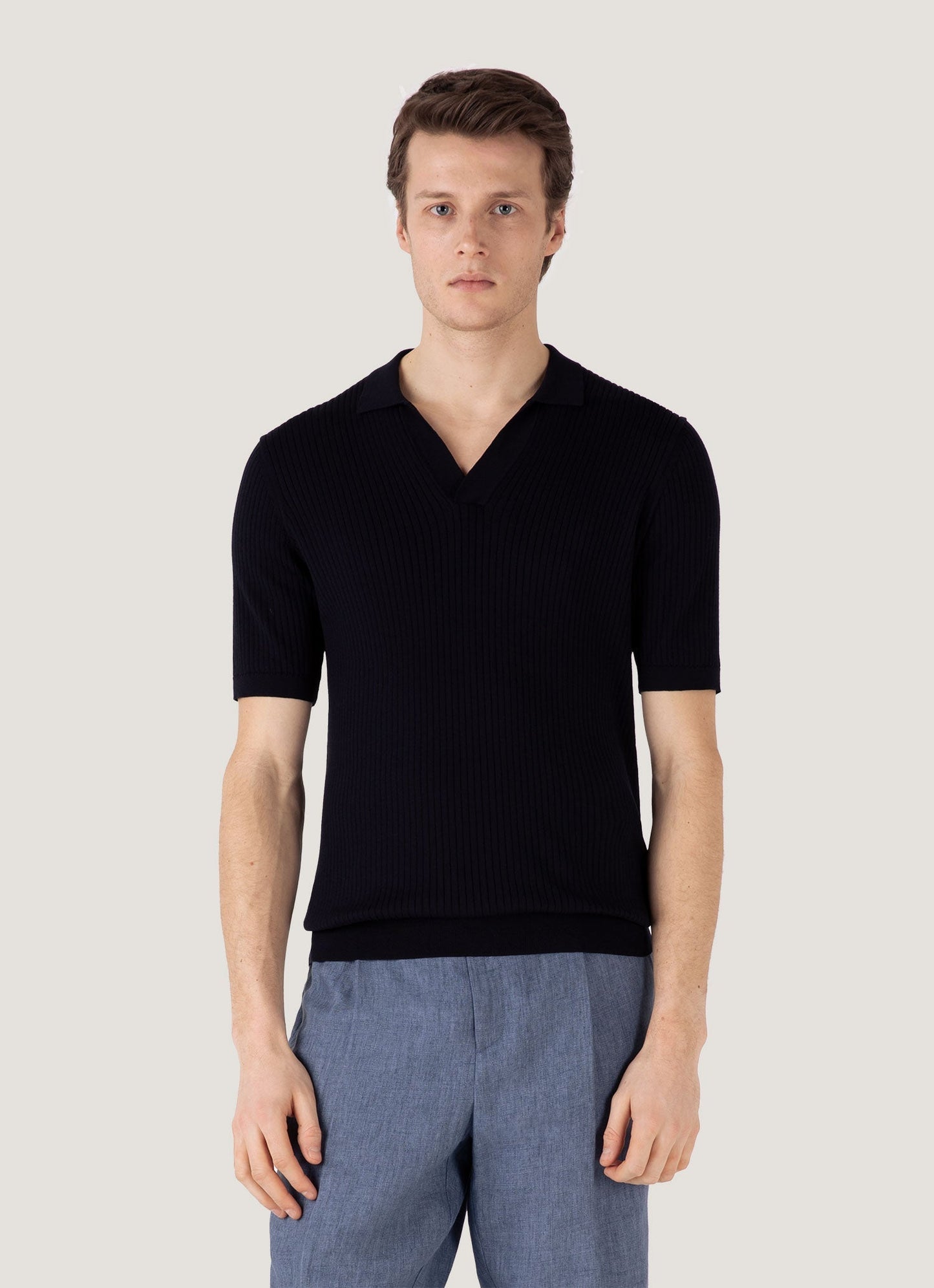 Men's Fine Rib Silk Cotton Polo in Navy