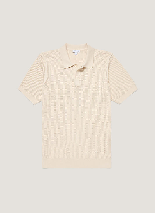 Mens Linear Mesh Knit Polo Shirt In Ecru Mpol8276 Whcr