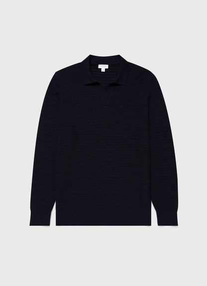 Mens Long Sleeve Textured Cotton Polo Shirt In Navy Mpol8277 Buaa