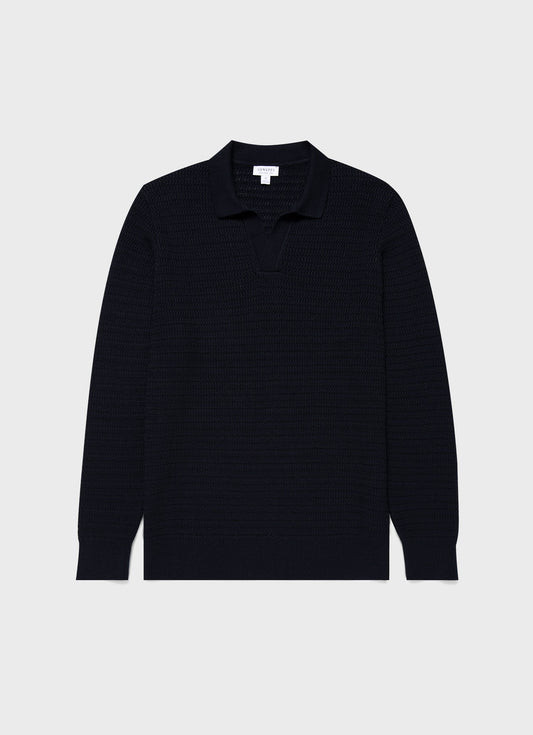Mens Long Sleeve Textured Cotton Polo Shirt In Navy Mpol8277 Buaa