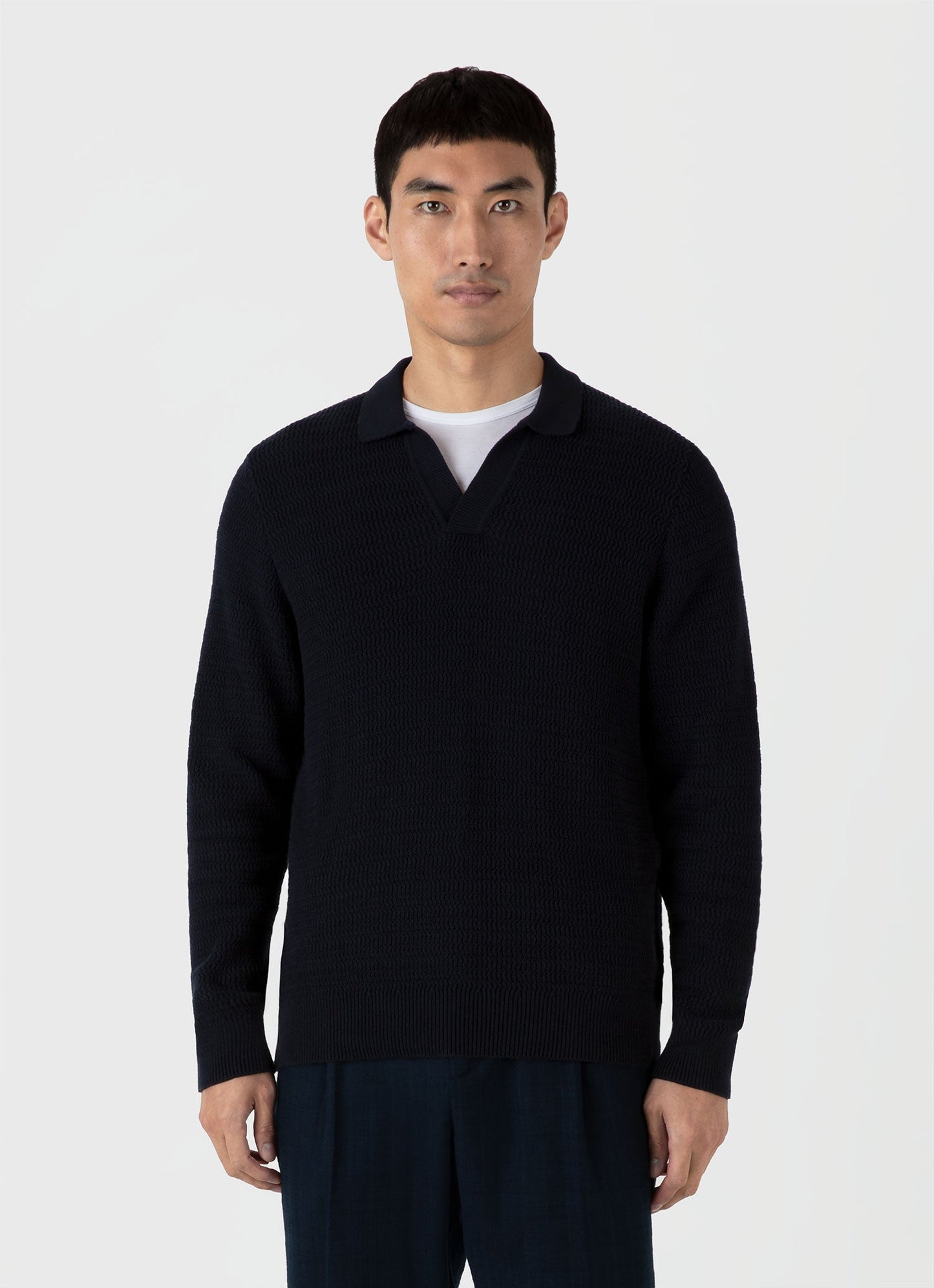 Mens Long Sleeve Textured Cotton Polo Shirt In Navy Mpol8277 Buaa
