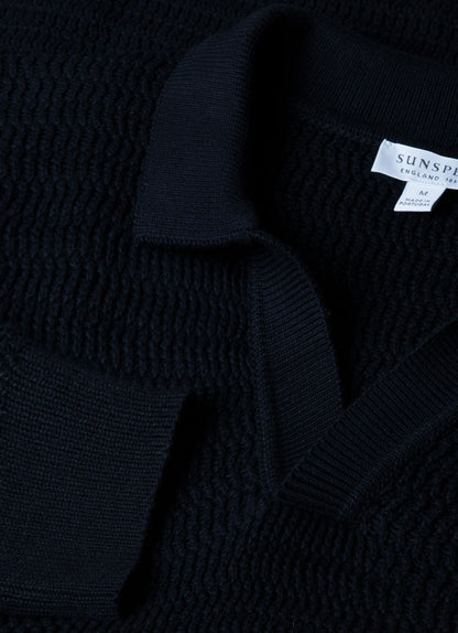 Mens Long Sleeve Textured Cotton Polo Shirt In Navy Mpol8277 Buaa