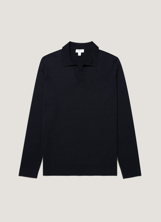 Mens Long Sleeve Fine Rib Silk Cotton Polo Shirt In Navy Mpol8298 Buaa