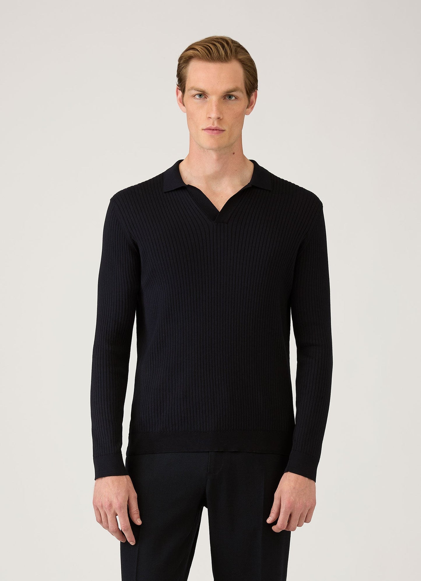 Mens Long Sleeve Fine Rib Silk Cotton Polo Shirt In Navy Mpol8298 Buaa