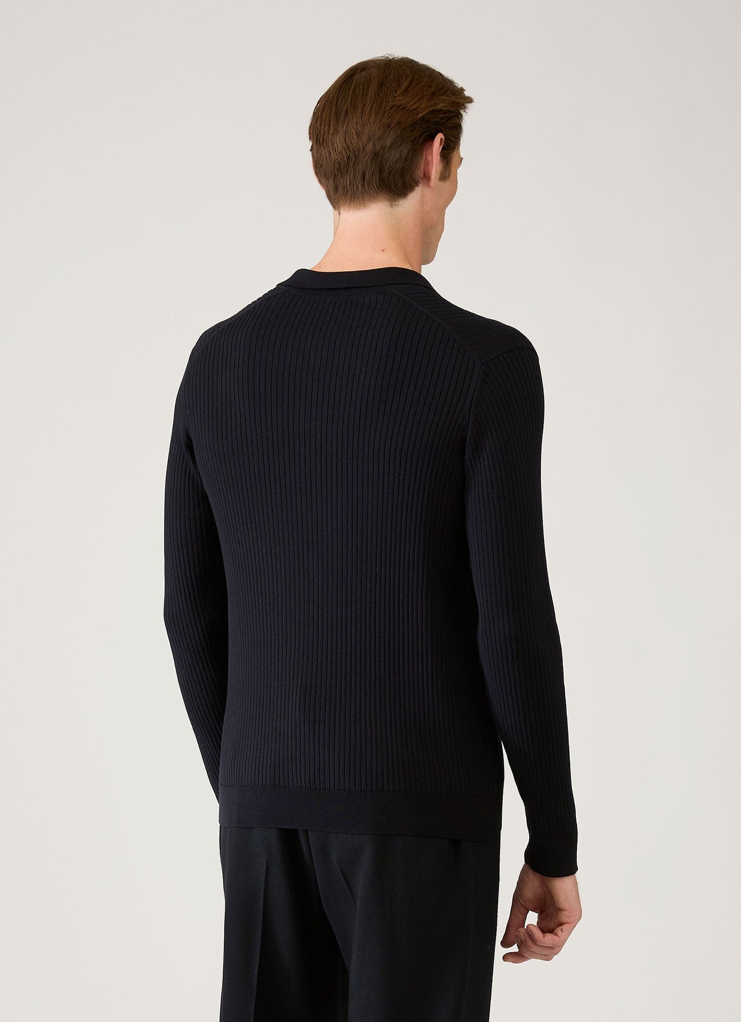 Mens Long Sleeve Fine Rib Silk Cotton Polo Shirt In Navy Mpol8298 Buaa