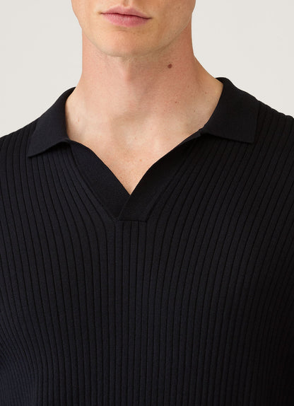Mens Long Sleeve Fine Rib Silk Cotton Polo Shirt In Navy Mpol8298 Buaa