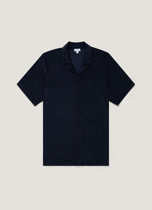 Mens Towelling Camp Collar Shirt In Navy Msht1571 Buaa