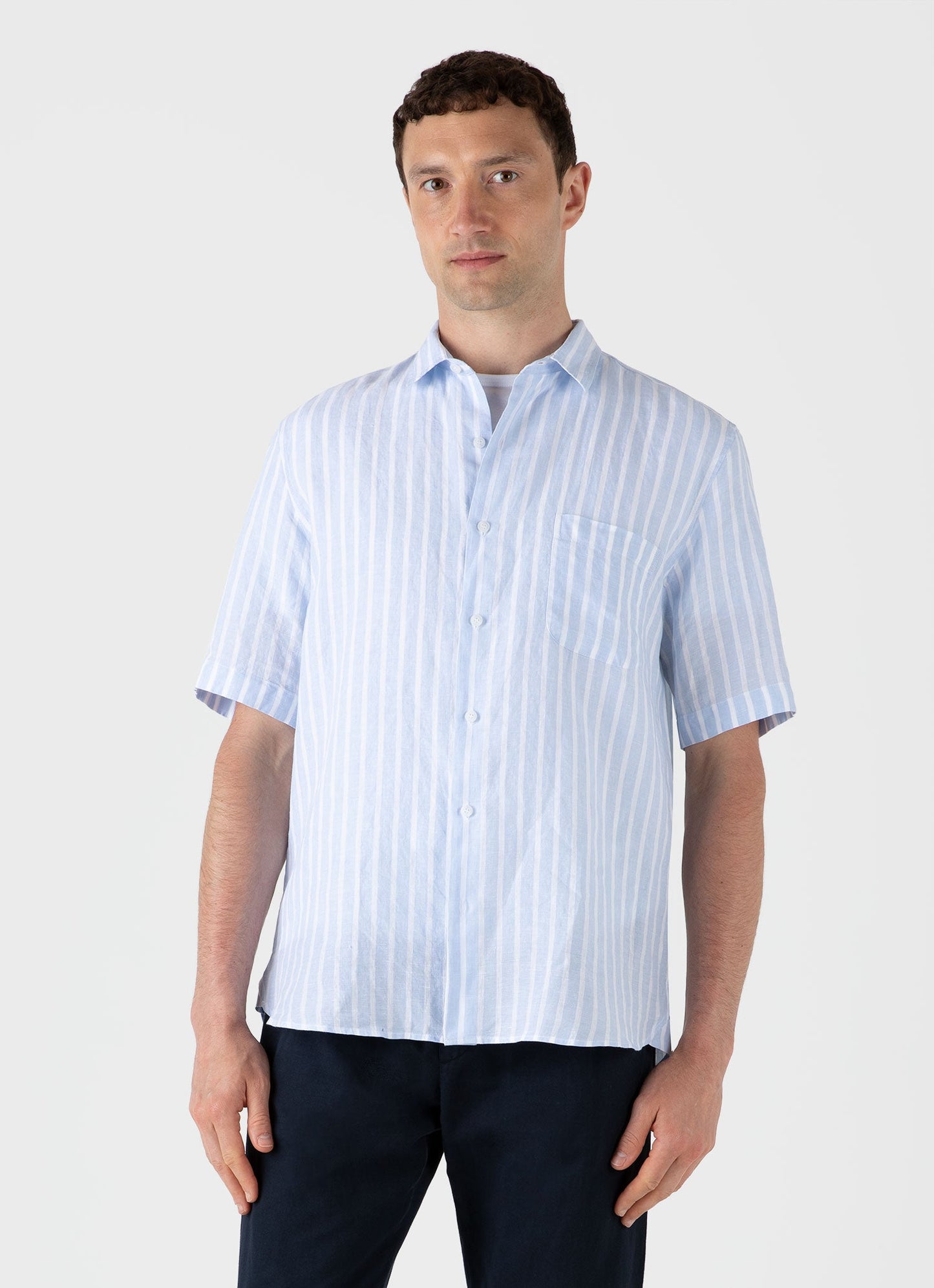 Mens Short Sleeve Linen Shirt In Light Blue White Msht2039 Stmp