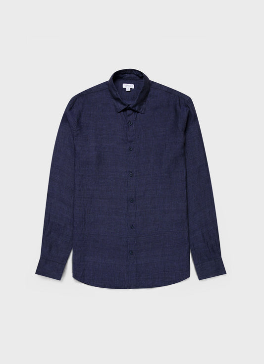 Mens Linen Long Sleeve Shirt In Navy Melange Msht2061 Buag