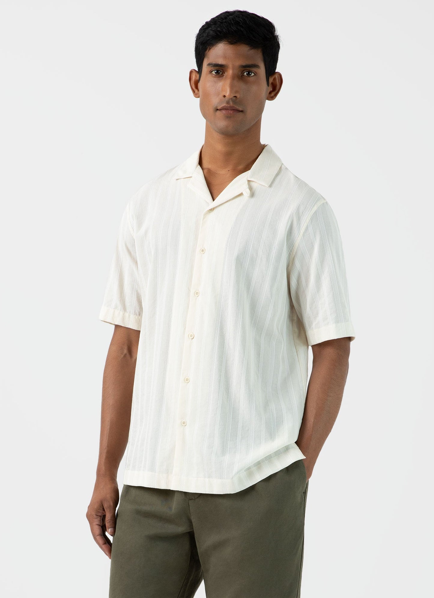 Mens Stripe Camp Collar Shirt In Ecru Msht2084 Whcr