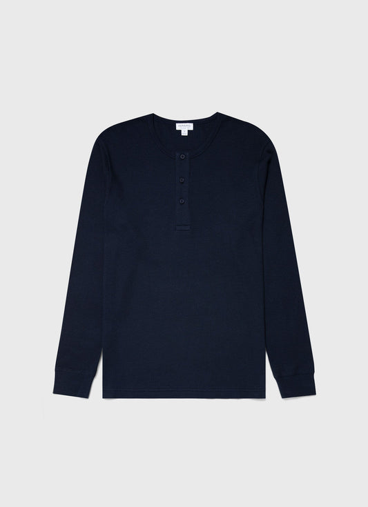 Mens Long Sleeve Waffle Henley In Navy Mtsh0162 Buaa